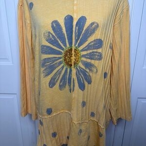 Jess & Jane Happy Days Tunic Top Size 2X Daisy Yellow Cotton 3/4 Sleeves USA